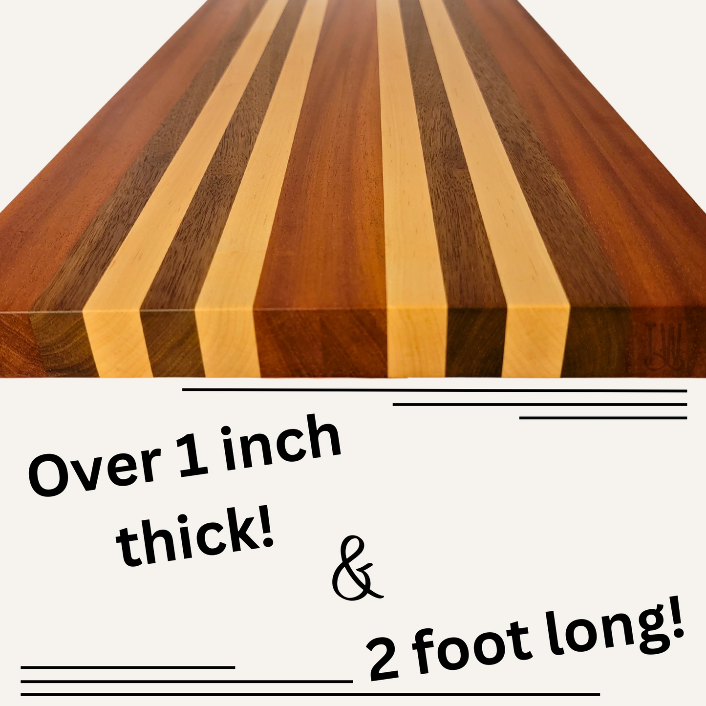 Handmade Sapele Cutting Board with Walnut & Maple Stripes | 23x11