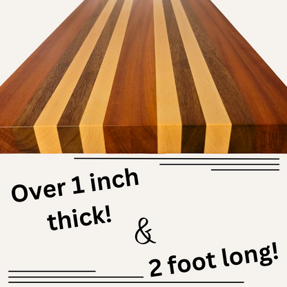Handmade Sapele Cutting Board with Walnut & Maple Stripes | 23x11